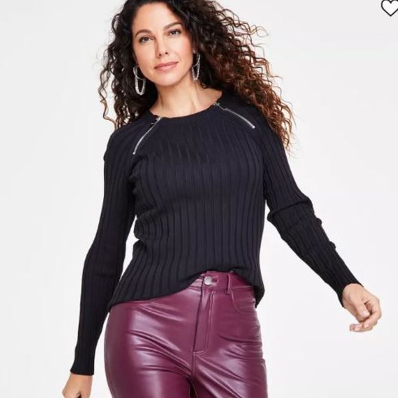 INC ZIPPER DETAIL RIBBED BLACK SWEATER - Picture 2 of 7